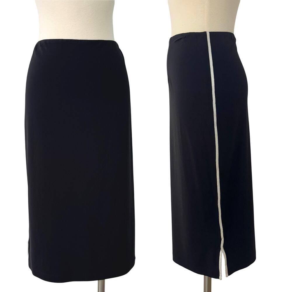 St. John Pencil Skirt Knee Length Stretch Crepe Black with White Side Stripe 10